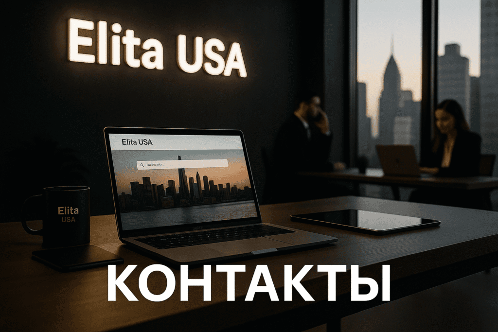 Офис Elita USA с ноутбуком и чашкой на столе, вид на город.