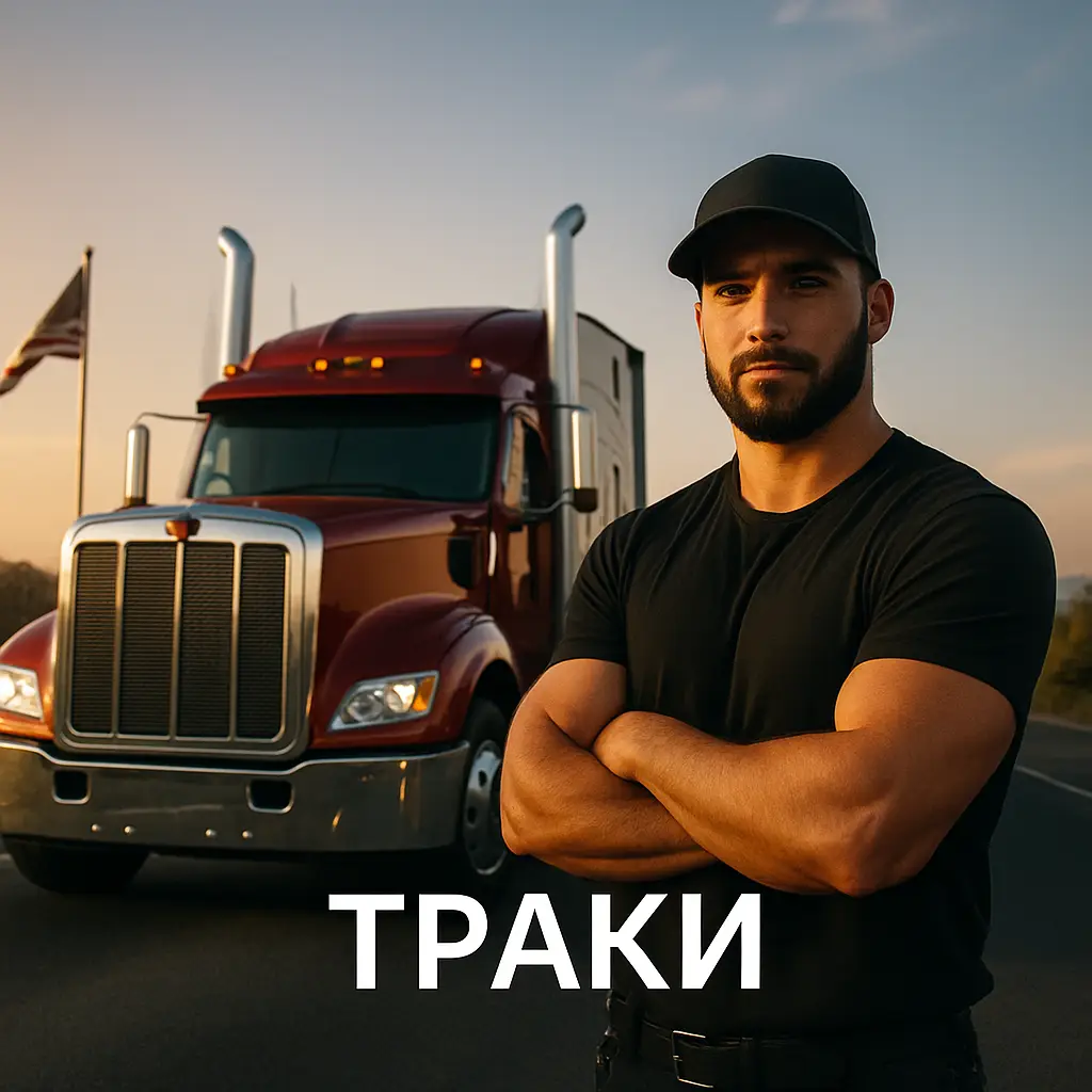 Сильный мужчина стоит рядом с красным грузовиком на фоне заката.