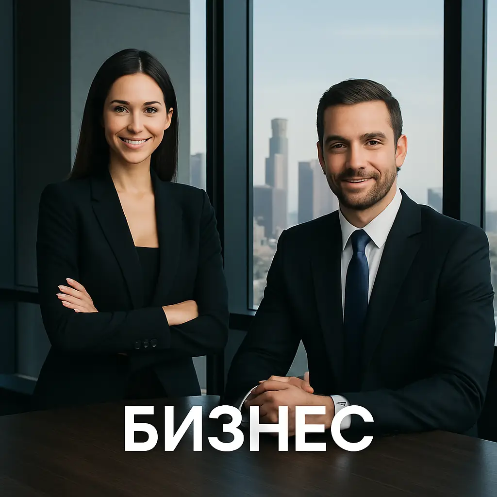 Две уверенные бизнесмены позируют в офисе с городским пейзажем на фоне.