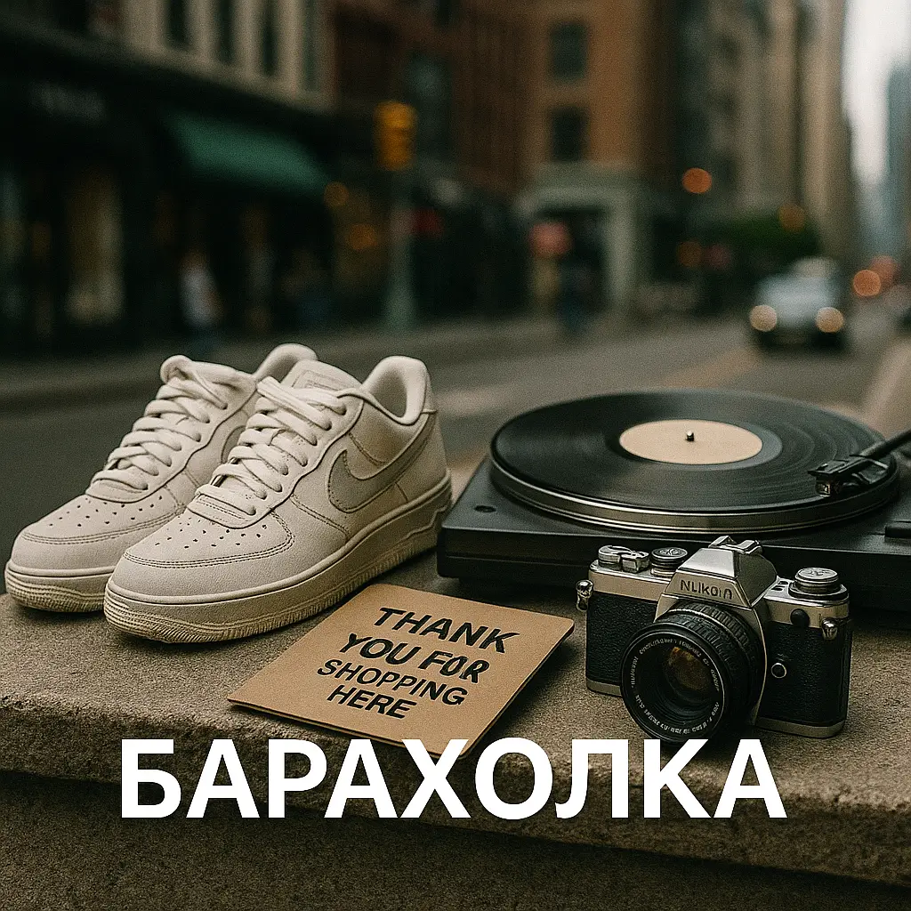 Кроссовки, камера и проигрыватель создают атмосферу барахолки на улице.