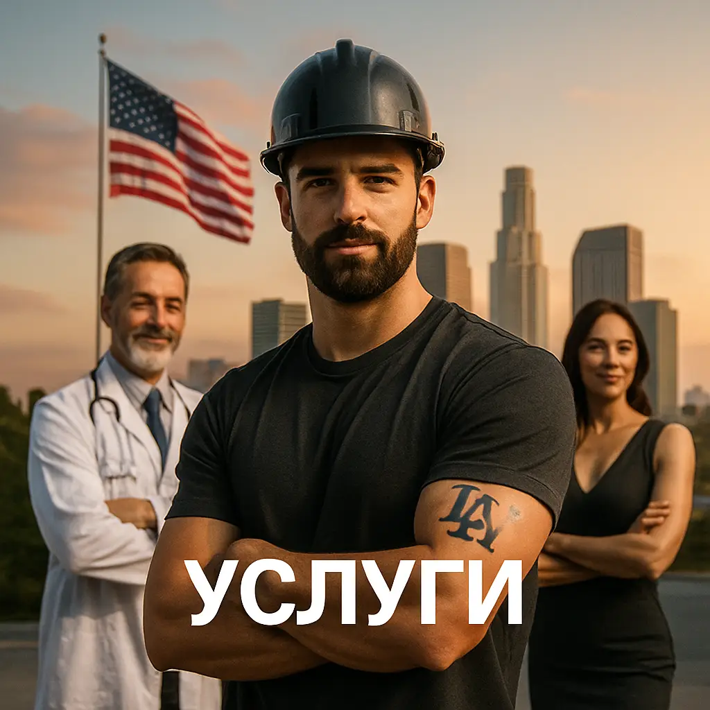 Мужчина с работой строителя на фоне городской панорамы и медицинского работника.