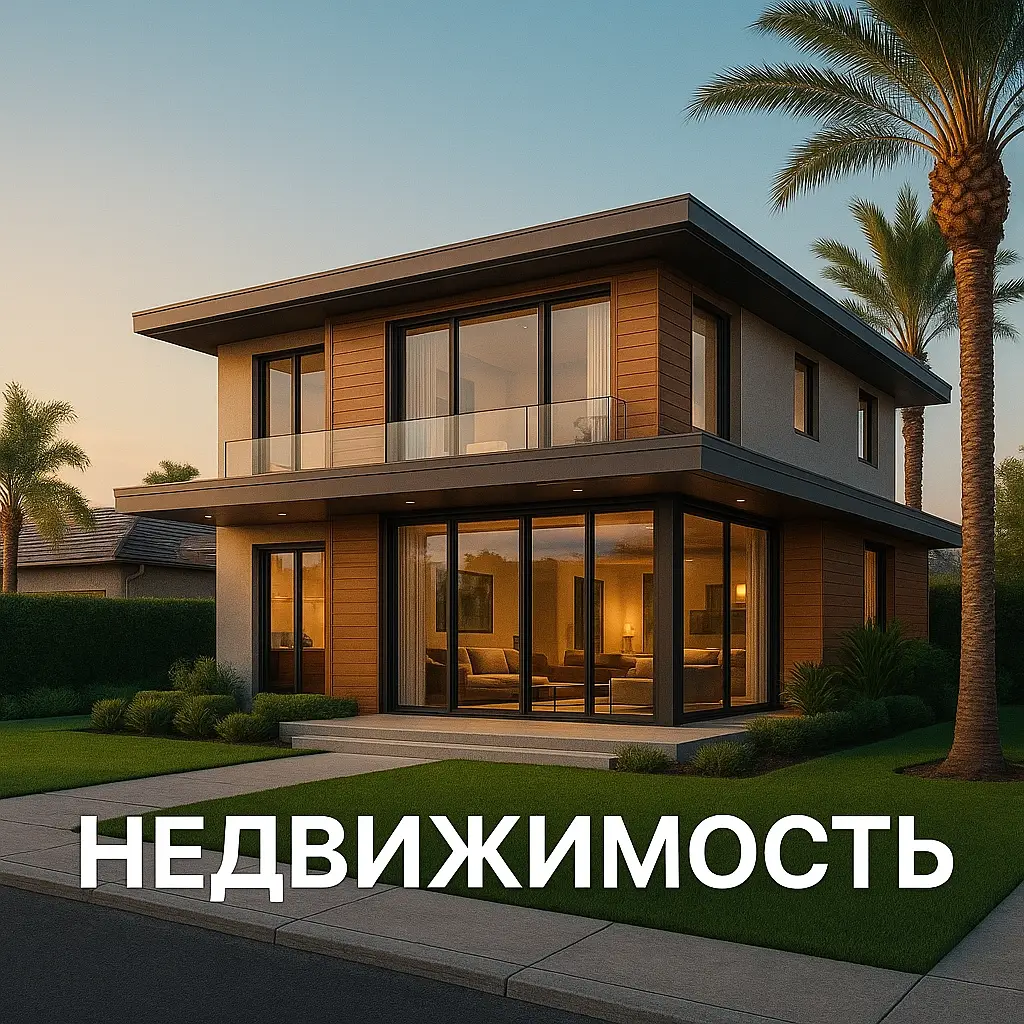 Современный дом с большими окнами и ухоженным садом на фоне заката.