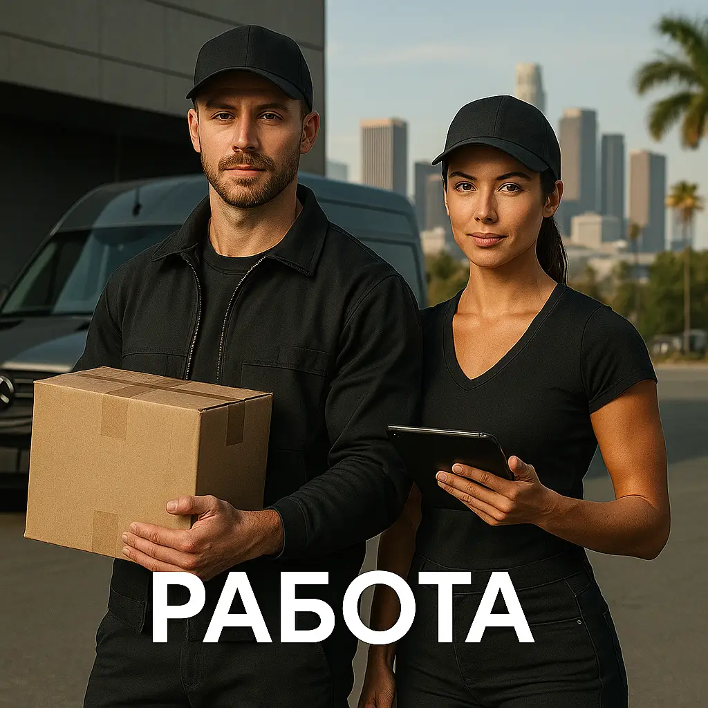 Два курьера с коробкой и планшетом на фоне города выполняют свою работу.