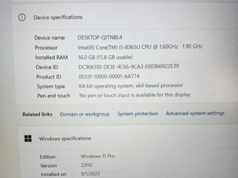 Intel Core i5-8365U 8th Gen CPU @ 1.60-1.90GHz, 8 Core(